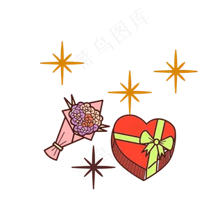 花束心形礼盒手绘卡通png