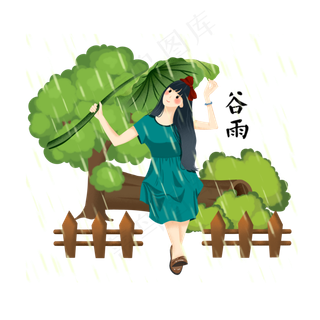 谷雨拿着叶子挡雨的小女孩