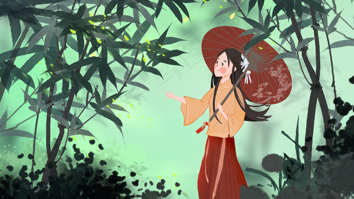 清明节古风竹林女孩