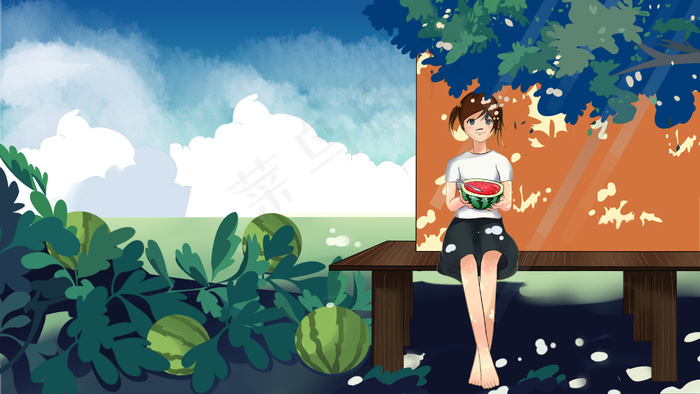 卡通清新小暑夏天夏季乘凉吃西瓜手绘插画