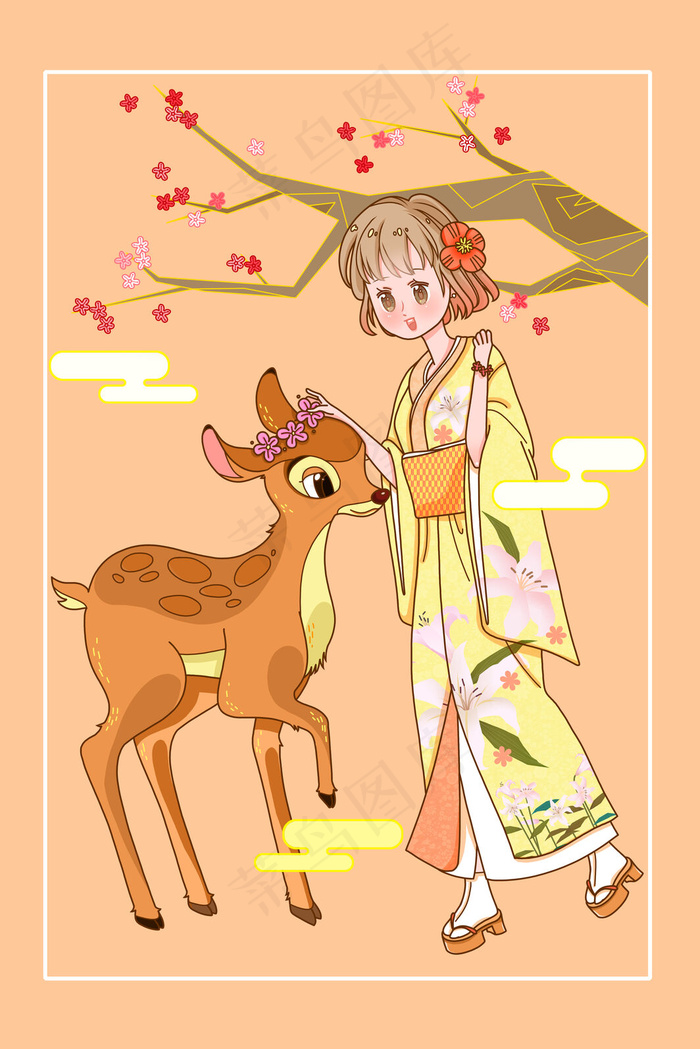 春日可爱少女与小动物踏青赏花旅游插画海报