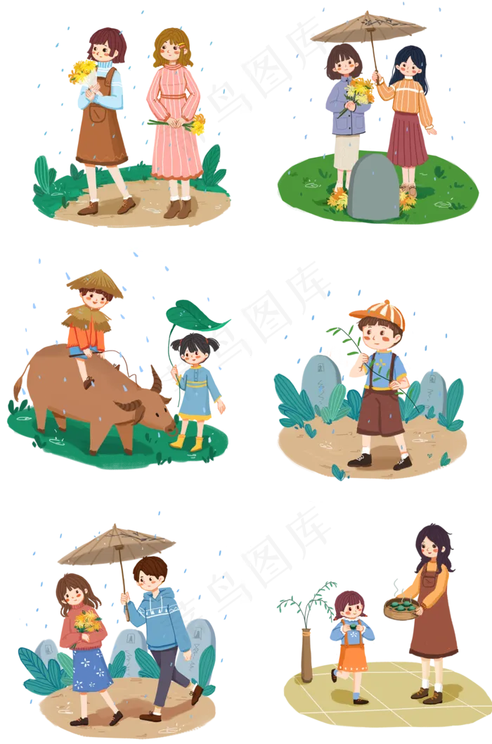 清明节雨天祭祖扫墓吃青团场景PNG,免抠元素