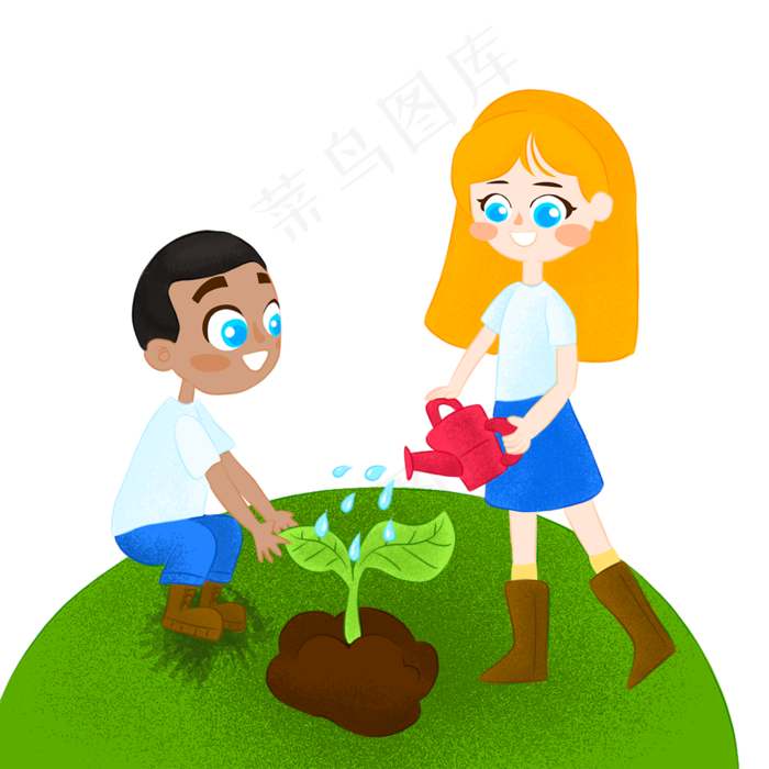 手绘植树节卡通男孩和女孩给树苗