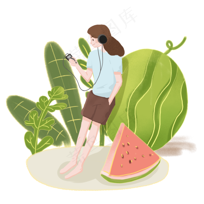 大暑女孩靠在西瓜上听音乐
