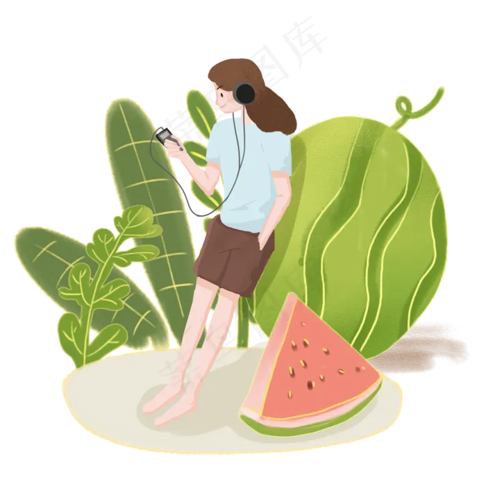 大暑女孩靠在西瓜上听音乐(2000X2000(DPI:300))psd模版下载
