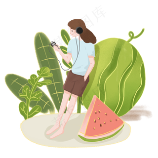 大暑女孩靠在西瓜上听音乐