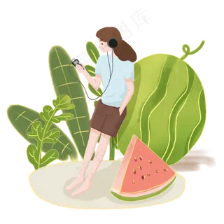 大暑女孩靠在西瓜上听音乐