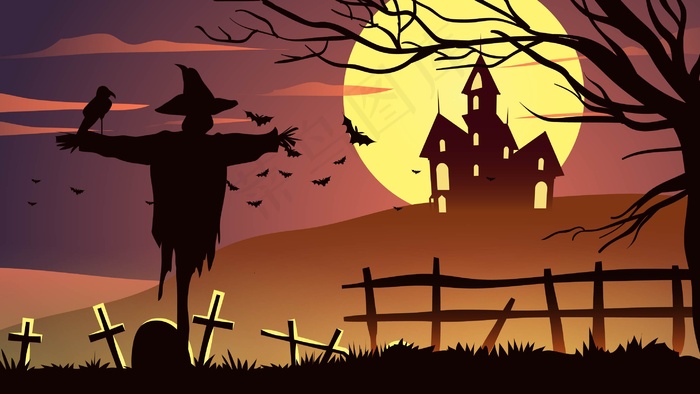 万圣节手绘墓地稻草人插画