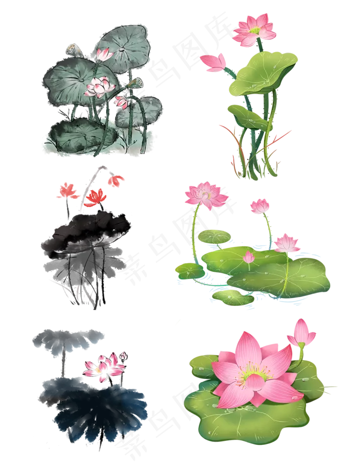 水墨清新荷花夏季植物元素,免抠元素