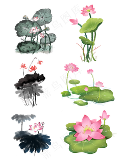 水墨清新荷花夏季植物元素,免抠元素