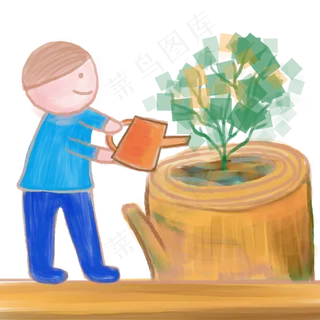 植树节蓝色土黄色卡通风格给树桩