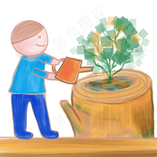 植树节蓝色土黄色卡通风格给树桩 植树节蓝色土黄色卡通风格给树桩