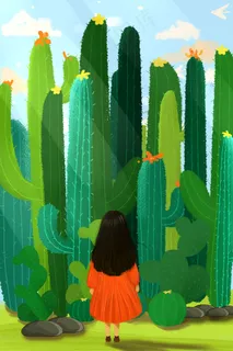 夏景春天清新唯美治愈手绘仙人掌与少女