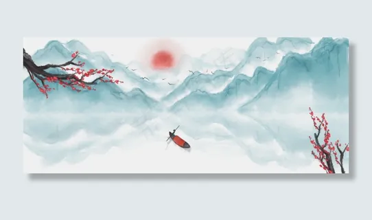 卡通手绘人划着船梅花和山水间 卡通手绘人划着船梅花和山水间