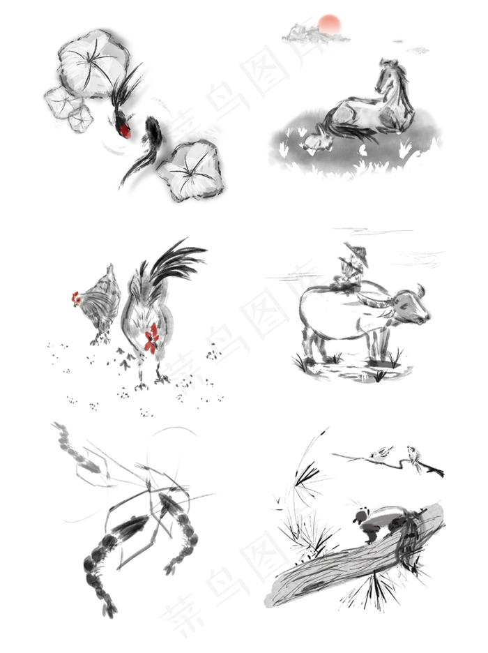 水墨国风手绘动物元素套图,免抠元素(1024*1369px 72 dpi )psd模版下载