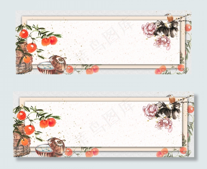 淡雅花卉小鸟水果水墨画(1920*700px 	       )psd模版下载
