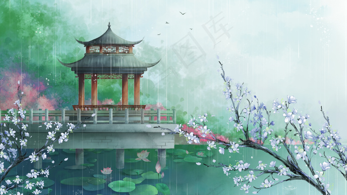 中国风雨季山水夏季凉亭白玉长廊古风场景(2880*1620px 300 dpi )