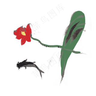 夏季荷花鱼水墨素材