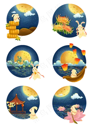 中秋节玉兔赏月创意手绘可商用元