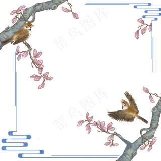 边框中国风花鸟植物边框,免抠元素