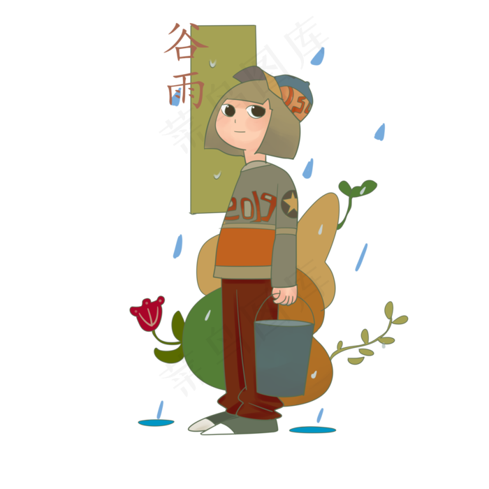 谷雨拿着水桶的小女孩