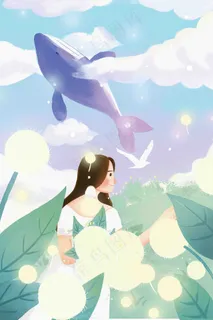 春季户外踏春绿色清新唯美少女彩色手绘插画