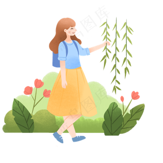 触摸柳树的小女孩