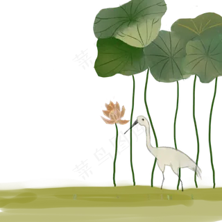 春夏水彩风格荷花荷叶与鹤PNG