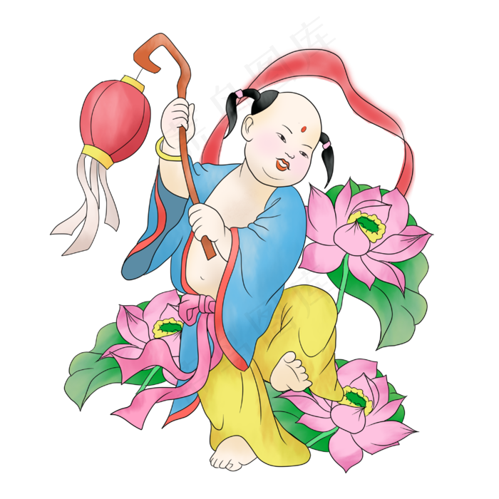 提灯笼的吉祥娃娃荷花