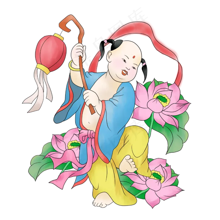 提灯笼的吉祥娃娃荷花(3000X3000(DPI:300))psd模版下载