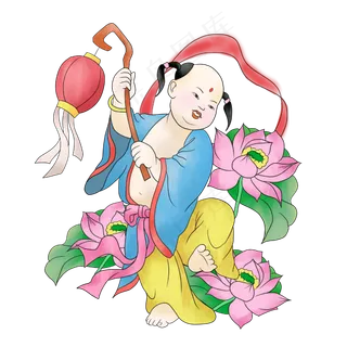 提灯笼的吉祥娃娃荷花