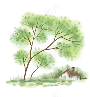 春天房屋和大树,免抠元素