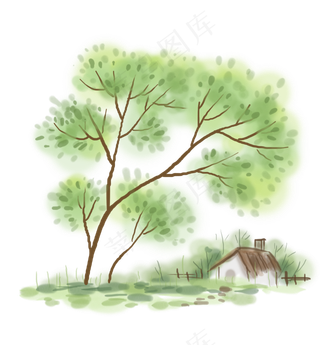 春天房屋和大树,免抠元素