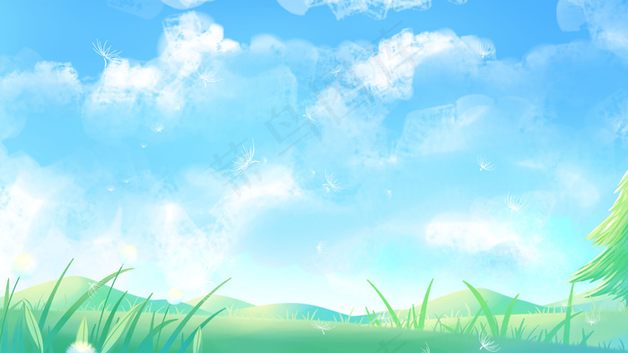 蓝色唯美卡通小清新治愈美丽夏季风景配图(2880*1620px 300 dpi )psd模版下载