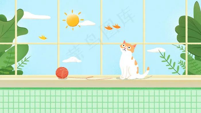 清晨早安太阳猫咪小清新配图(2880*1620px 300 dpi )psd模版下载
