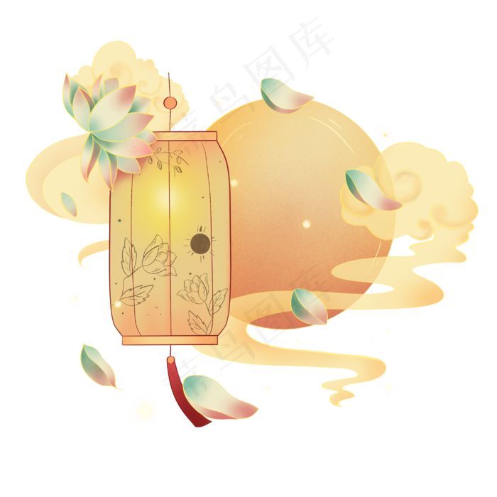 国潮荷花灯笼,免抠元素