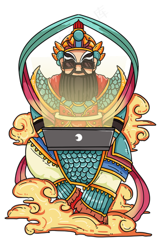 玩电脑的国风门神,免抠元素