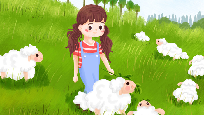 大自然草地蓝天女孩绵羊牧羊牧羊女
