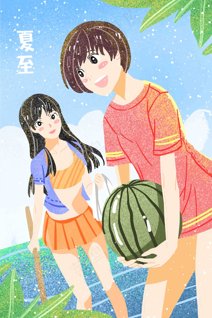 夏至凉爽沙滩泳装可爱少女水果阳光手绘插画
