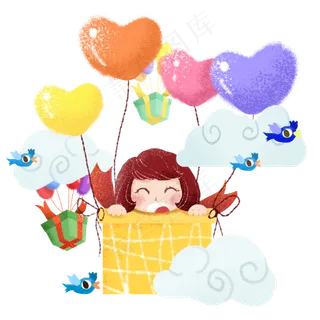 载着小女孩的礼物热气球,免抠元素