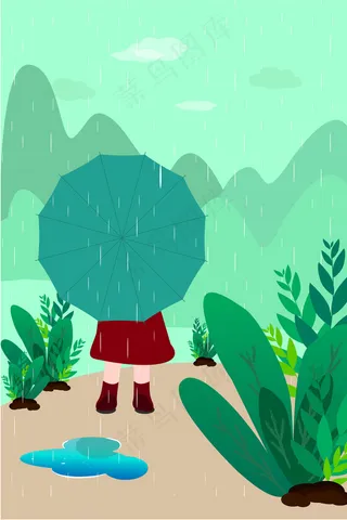 清明雨季撑伞的小女孩