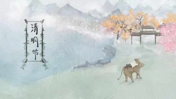 清明节风雨中桃花杏花牧童黄牛山水风景 清明节风雨中桃花杏花牧童黄牛山水风景