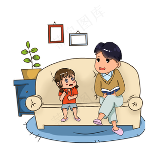 手绘卡通爸爸给女儿讲故事