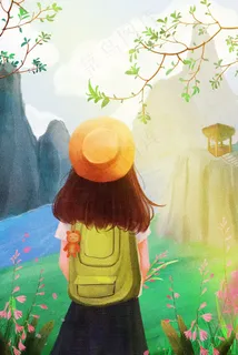 清明出游踏青游玩风景背包带帽子女孩春游 清明出游踏青游玩风景背包带帽子女孩春游