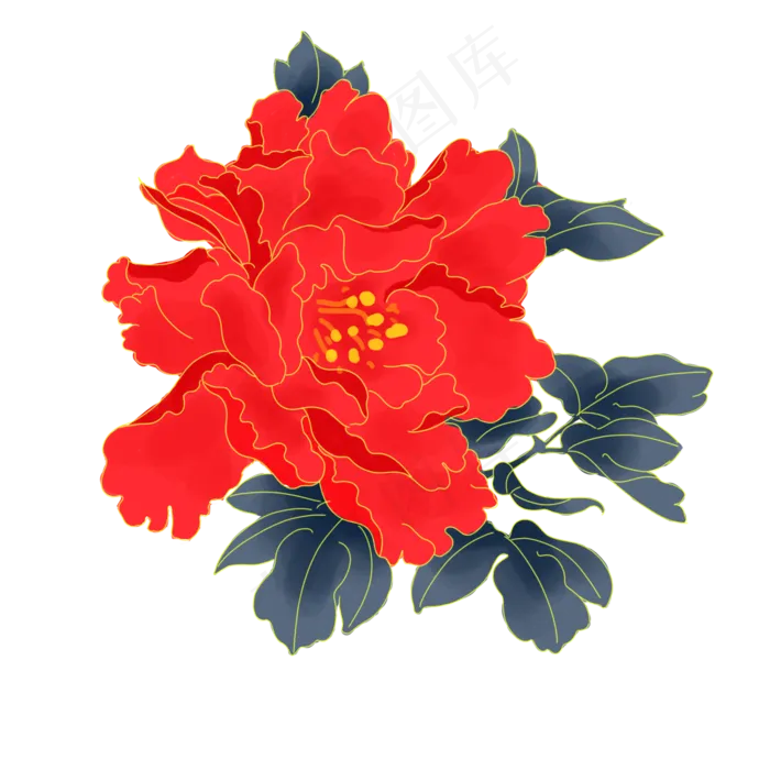 中秋节亮红色金边牡丹花,免抠元素(2000*2000px 300 dpi )psd模版下载