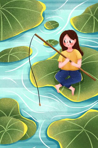小清新大暑节气女孩荷叶钓鱼