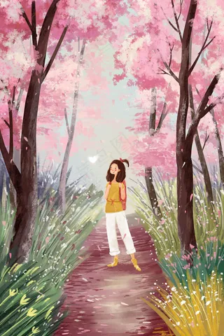 女孩出行旅游唯美樱花治愈系