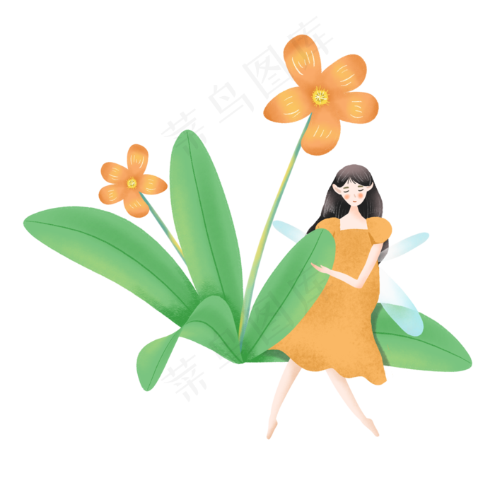 橙色花朵旁边的小精灵