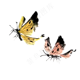 化蝶水墨国画鹅黄粉色PNG蝴蝶,免抠元素