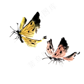 化蝶水墨国画鹅黄粉色PNG蝴蝶,免抠元素